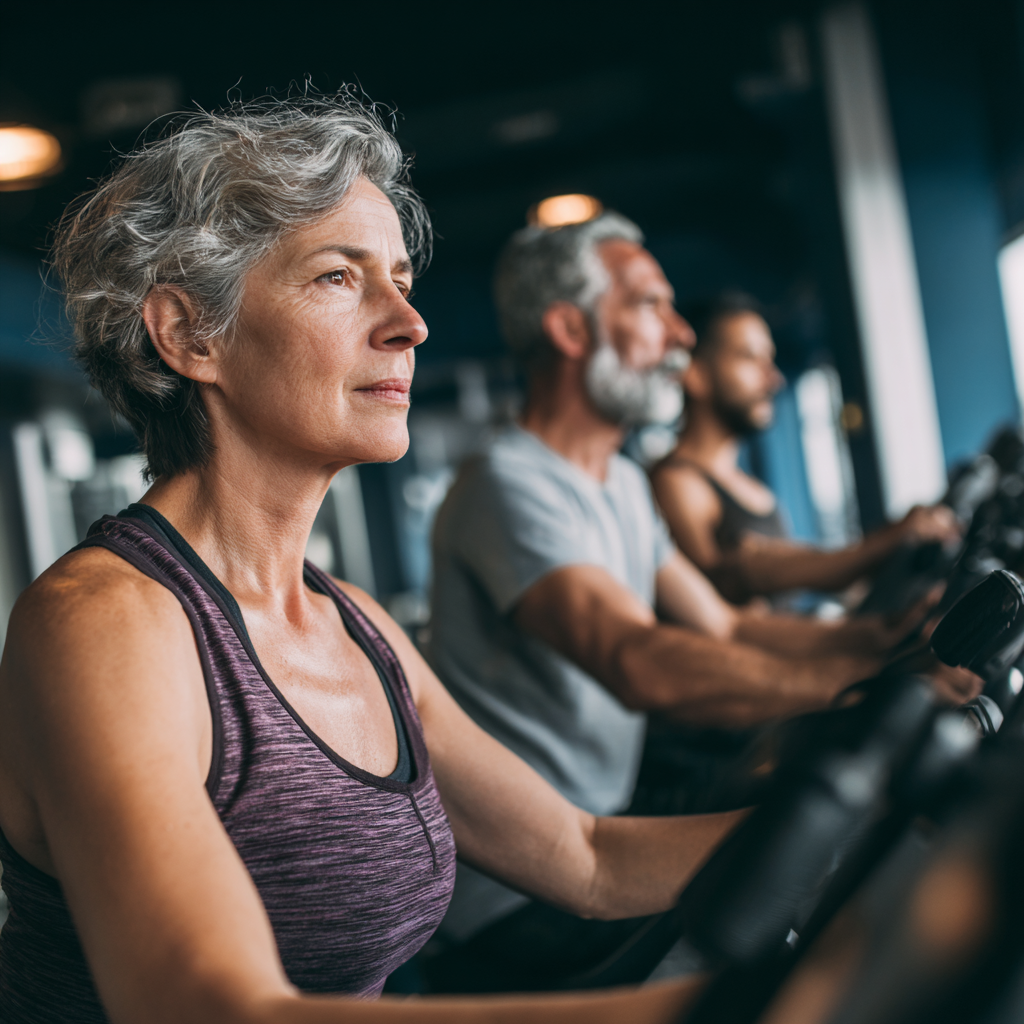 Mature adults exercising in modern fitness center with professional equipment