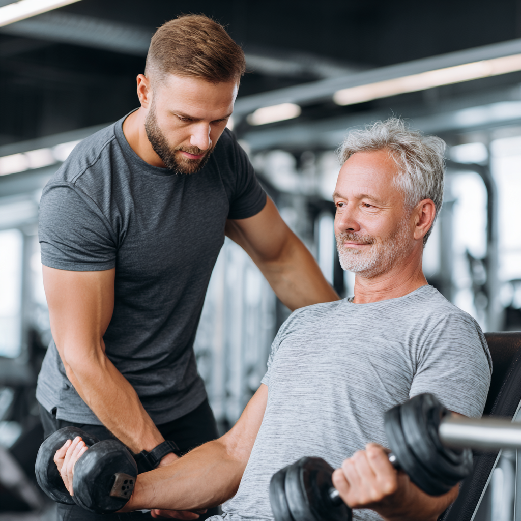 Professional fitness instructor working with middle-aged client in modern gym setting